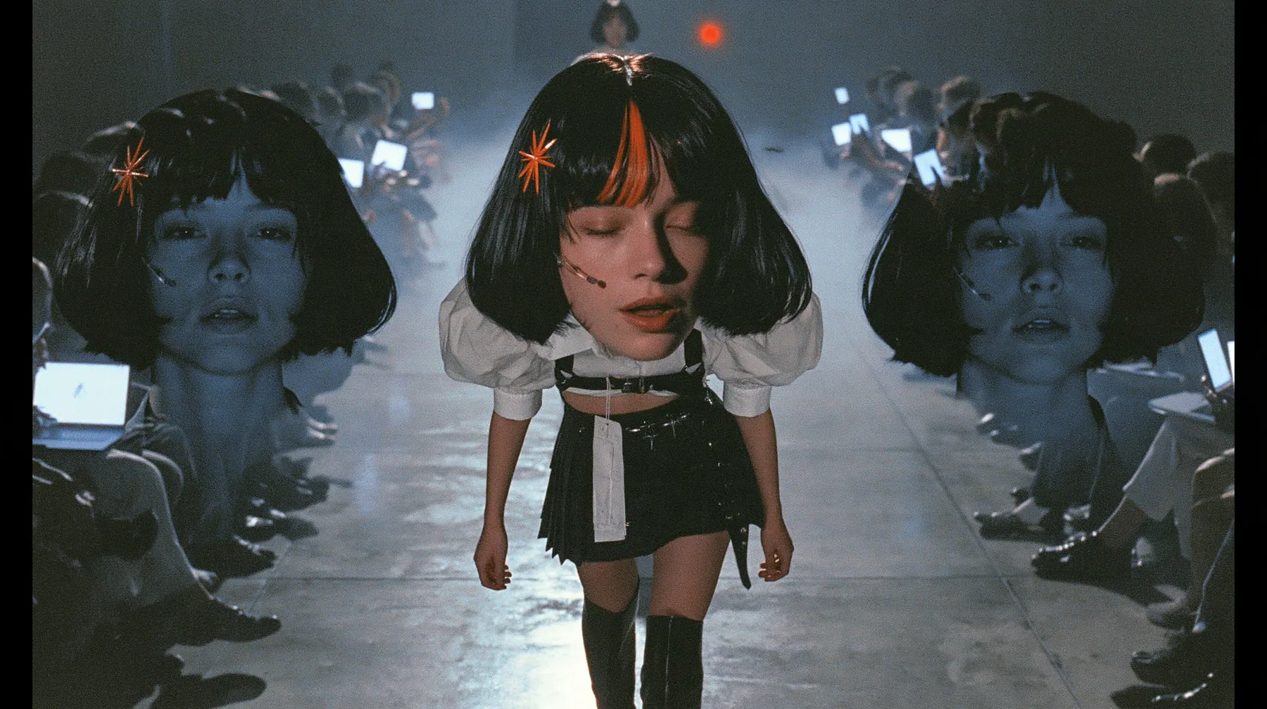 medium shot of a young woman with a glossy black blunt bob with heavy bangs and one clay-orange streak through the bangs, a clay-orange eight-pointed spark hair clip, a thin headset microphone, a white cropped…