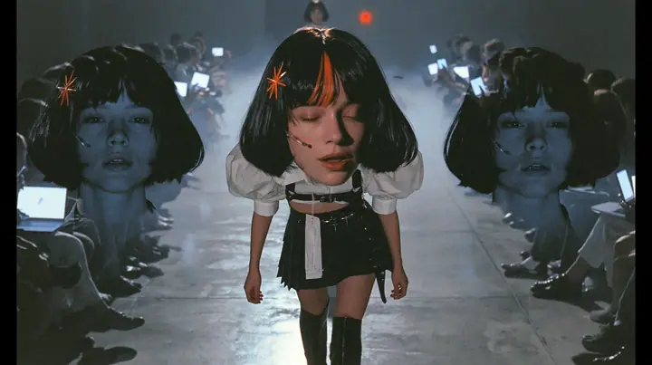 medium shot of a young woman with a glossy black blunt bob with heavy bangs and one clay-orange streak through the bangs, a clay-orange eight-pointed spark hair clip, a thin headset microphone, a white cropped…