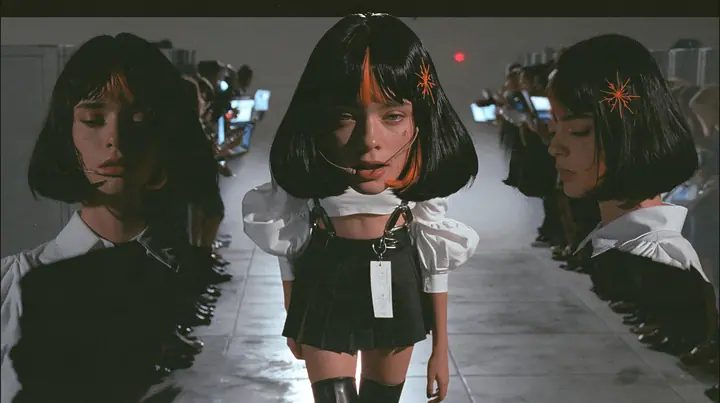medium shot of a young woman with a glossy black blunt bob with heavy bangs and one clay-orange streak through the bangs, a clay-orange eight-pointed spark hair clip, a thin headset microphone, a white cropped…