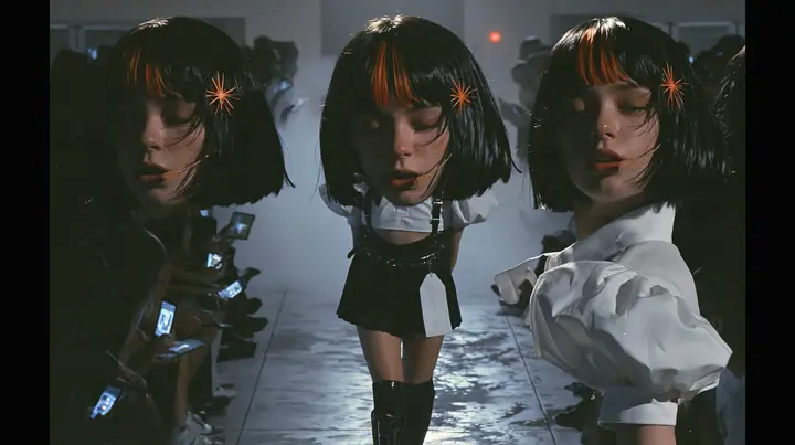 medium shot of a young woman with a glossy black blunt bob with heavy bangs and one clay-orange streak through the bangs, a clay-orange eight-pointed spark hair clip, a thin headset microphone, a white cropped…