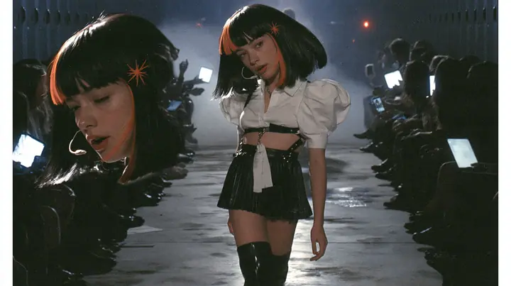 medium shot of a young woman with a glossy black blunt bob with heavy bangs and one clay-orange streak through the bangs, a clay-orange eight-pointed spark hair clip, a thin headset microphone, a white cropped…