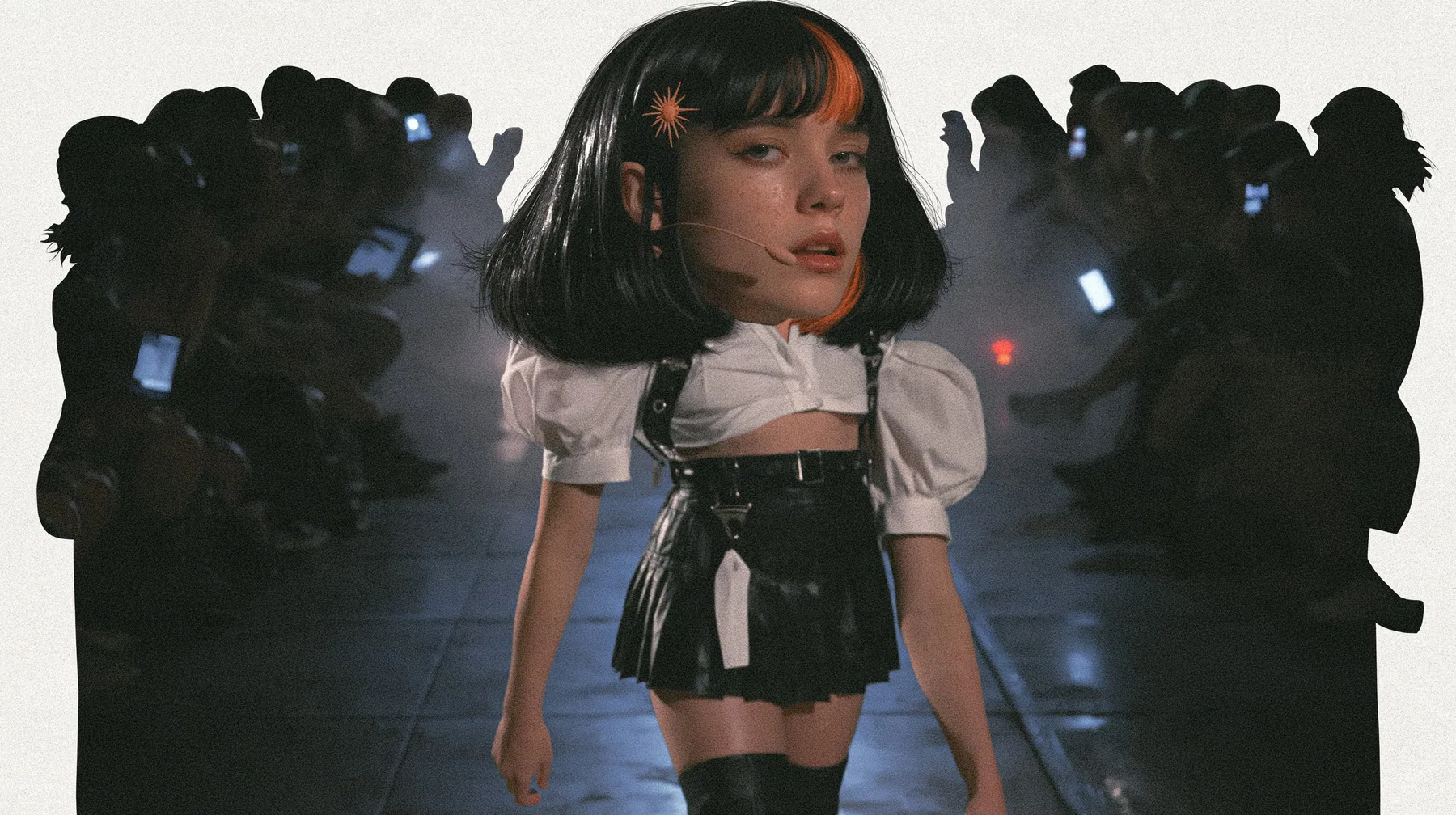 medium shot of a young woman with a glossy black blunt bob with heavy bangs and one clay-orange streak through the bangs, a clay-orange eight-pointed spark hair clip, a thin headset microphone, a white cropped…