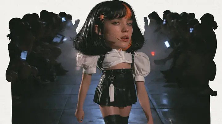 medium shot of a young woman with a glossy black blunt bob with heavy bangs and one clay-orange streak through the bangs, a clay-orange eight-pointed spark hair clip, a thin headset microphone, a white cropped…