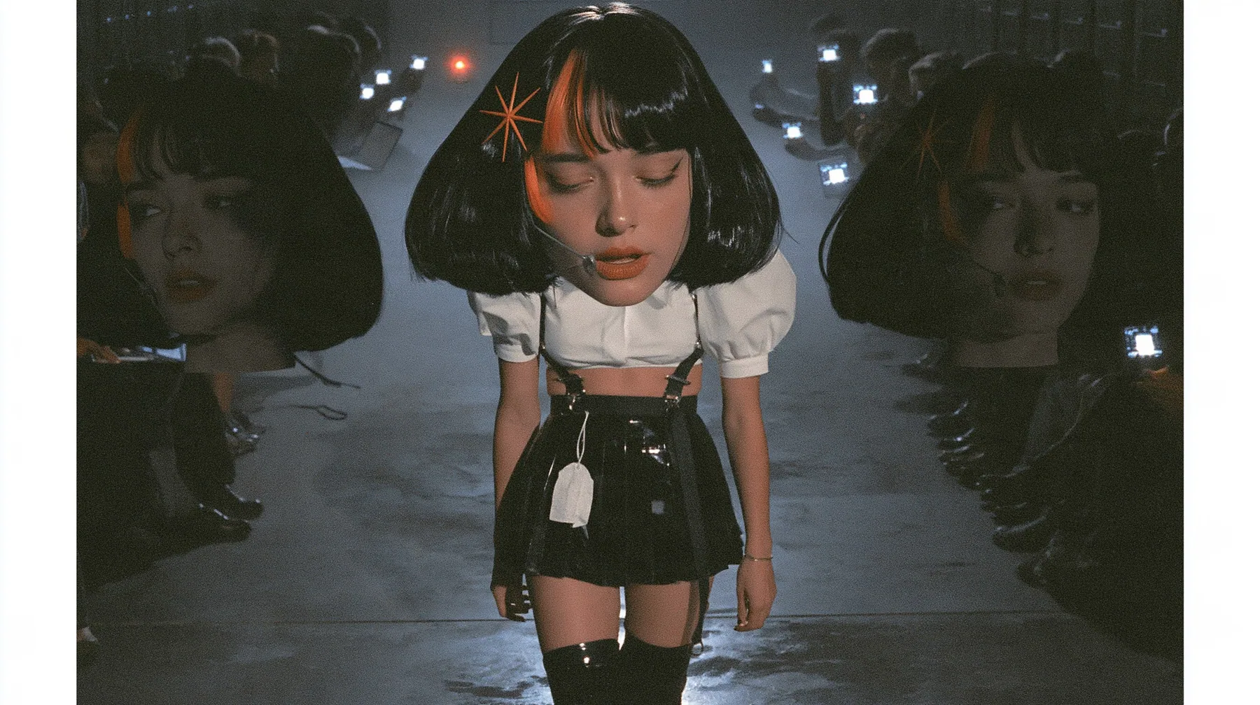 medium shot of a young woman with a glossy black blunt bob with heavy bangs and one clay-orange streak through the bangs, a clay-orange eight-pointed spark hair clip, a thin headset microphone, a white cropped…