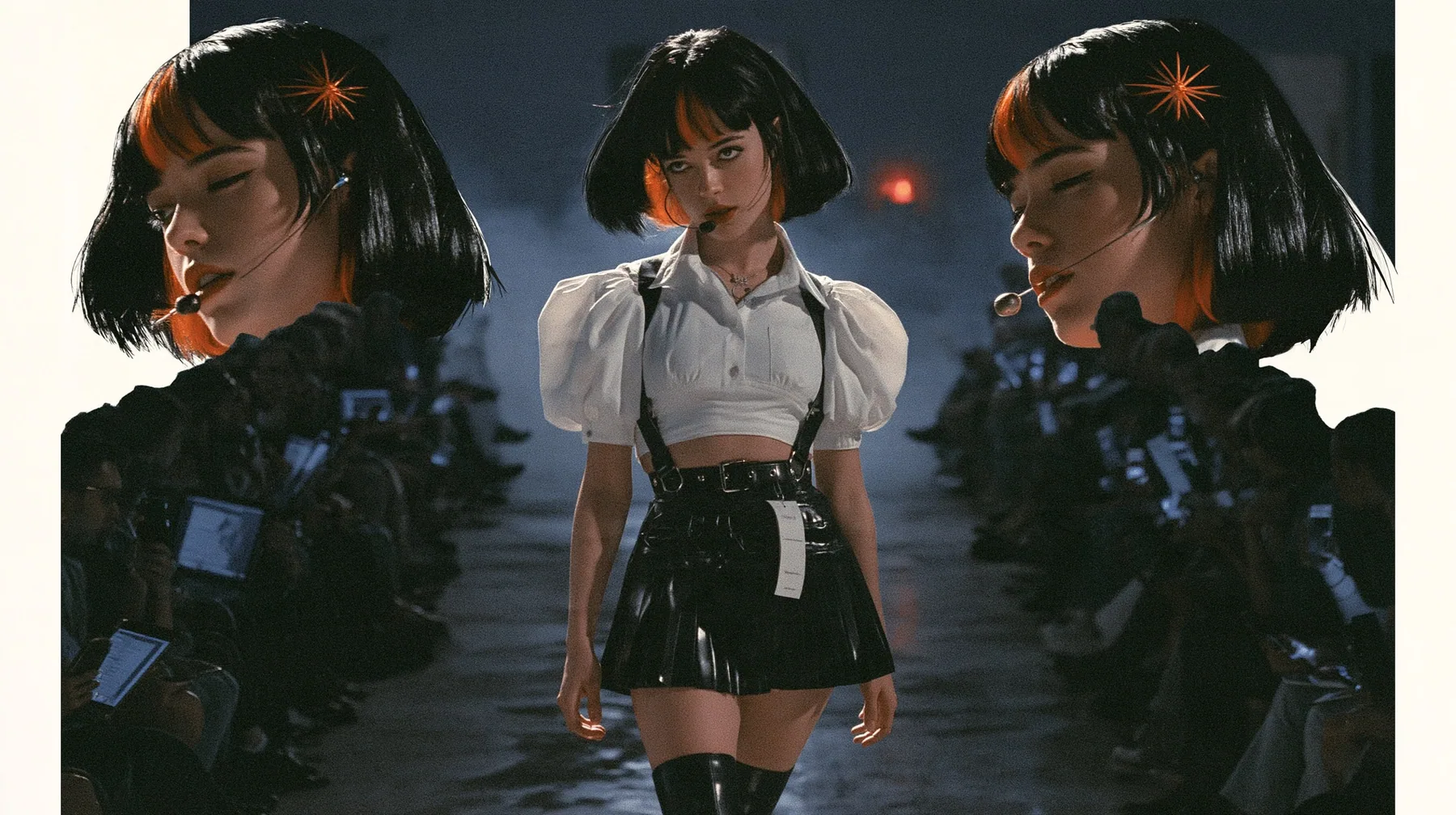medium shot of a young woman with a glossy black blunt bob with heavy bangs and one clay-orange streak through the bangs, a clay-orange eight-pointed spark hair clip, a thin headset microphone, a white cropped…