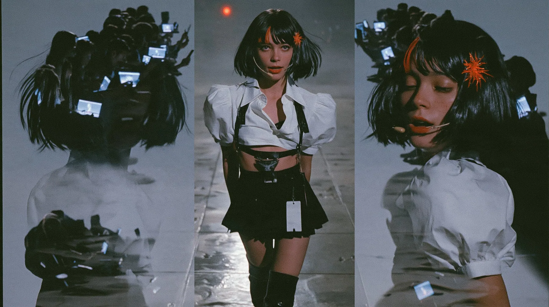medium shot of a young woman with a glossy black blunt bob with heavy bangs and one clay-orange streak through the bangs, a clay-orange eight-pointed spark hair clip, a thin headset microphone, a white cropped…