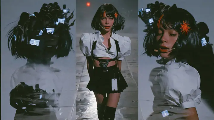 medium shot of a young woman with a glossy black blunt bob with heavy bangs and one clay-orange streak through the bangs, a clay-orange eight-pointed spark hair clip, a thin headset microphone, a white cropped…