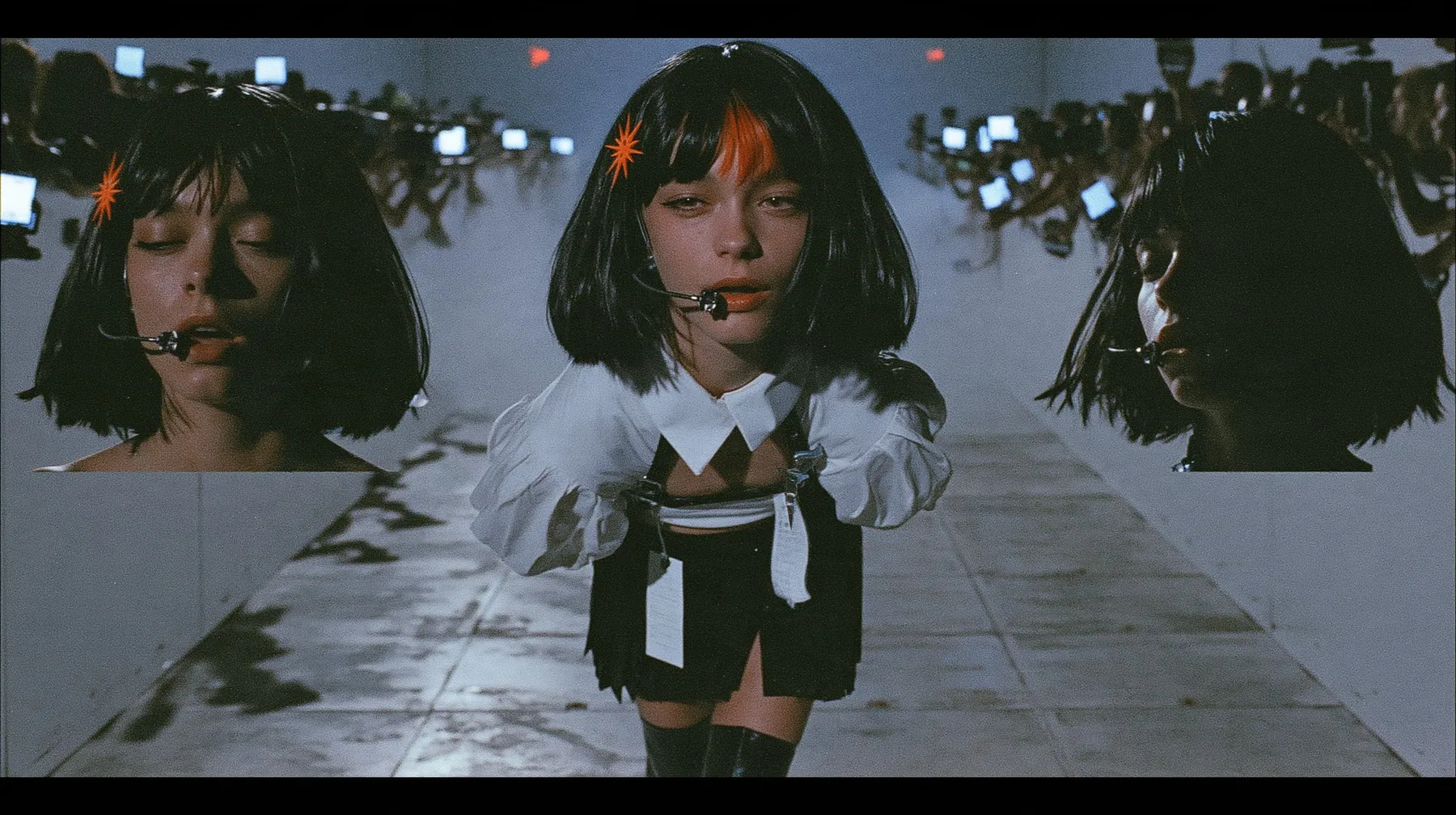 medium shot of a young woman with a glossy black blunt bob with heavy bangs and one clay-orange streak through the bangs, a clay-orange eight-pointed spark hair clip, a thin headset microphone, a white cropped…