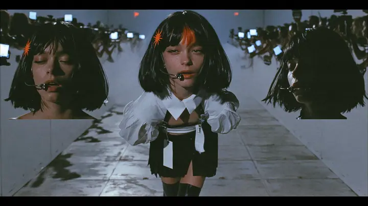 medium shot of a young woman with a glossy black blunt bob with heavy bangs and one clay-orange streak through the bangs, a clay-orange eight-pointed spark hair clip, a thin headset microphone, a white cropped…