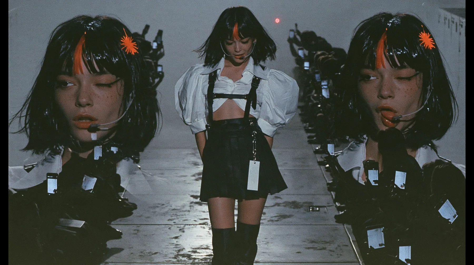 medium shot of a young woman with a glossy black blunt bob with heavy bangs and one clay-orange streak through the bangs, a clay-orange eight-pointed spark hair clip, a thin headset microphone, a white cropped…