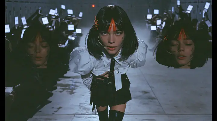 medium shot of a young woman with a glossy black blunt bob with heavy bangs and one clay-orange streak through the bangs, a clay-orange eight-pointed spark hair clip, a thin headset microphone, a white cropped…