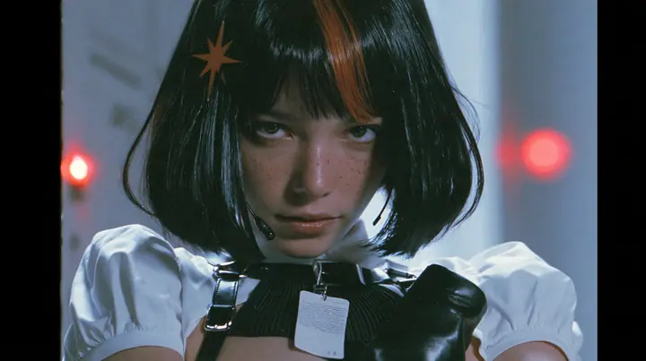 close-up portrait of a young woman with a glossy black blunt bob with heavy bangs and one clay-orange streak through the bangs, a clay-orange eight-pointed spark hair clip, a thin headset microphone, a white cropped…