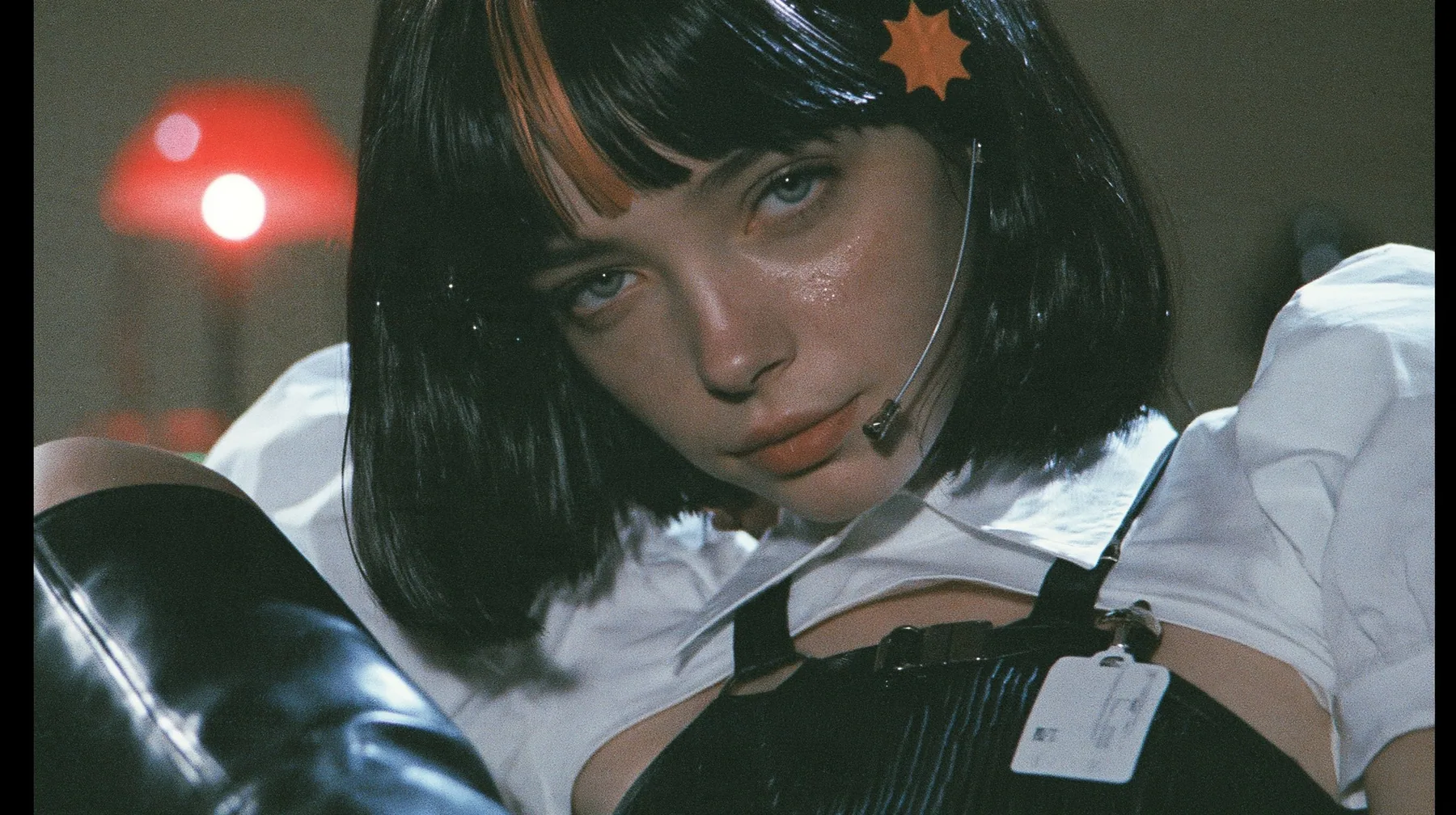close-up portrait of a young woman with a glossy black blunt bob with heavy bangs and one clay-orange streak through the bangs, a clay-orange eight-pointed spark hair clip, a thin headset microphone, a white cropped…
