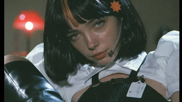 close-up portrait of a young woman with a glossy black blunt bob with heavy bangs and one clay-orange streak through the bangs, a clay-orange eight-pointed spark hair clip, a thin headset microphone, a white cropped…