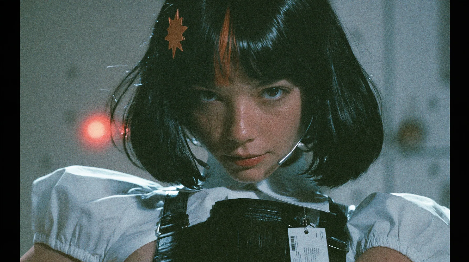 close-up portrait of a young woman with a glossy black blunt bob with heavy bangs and one clay-orange streak through the bangs, a clay-orange eight-pointed spark hair clip, a thin headset microphone, a white cropped…