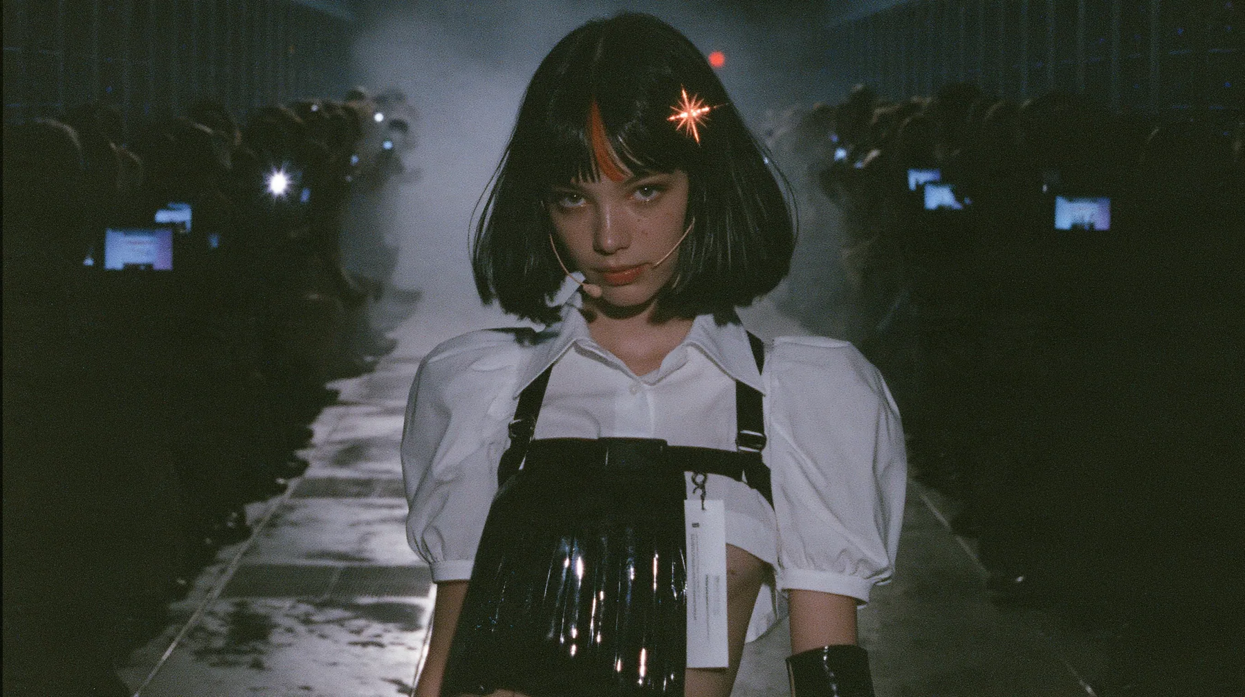 medium shot of a young woman with a glossy black blunt bob with heavy bangs and one clay-orange streak through the bangs, a clay-orange eight-pointed spark hair clip, a thin headset microphone, a white cropped…
