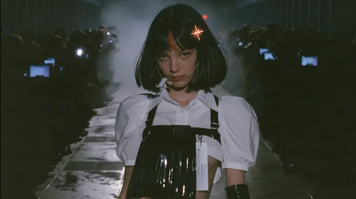 medium shot of a young woman with a glossy black blunt bob with heavy bangs and one clay-orange streak through the bangs, a clay-orange eight-pointed spark hair clip, a thin headset microphone, a white cropped…
