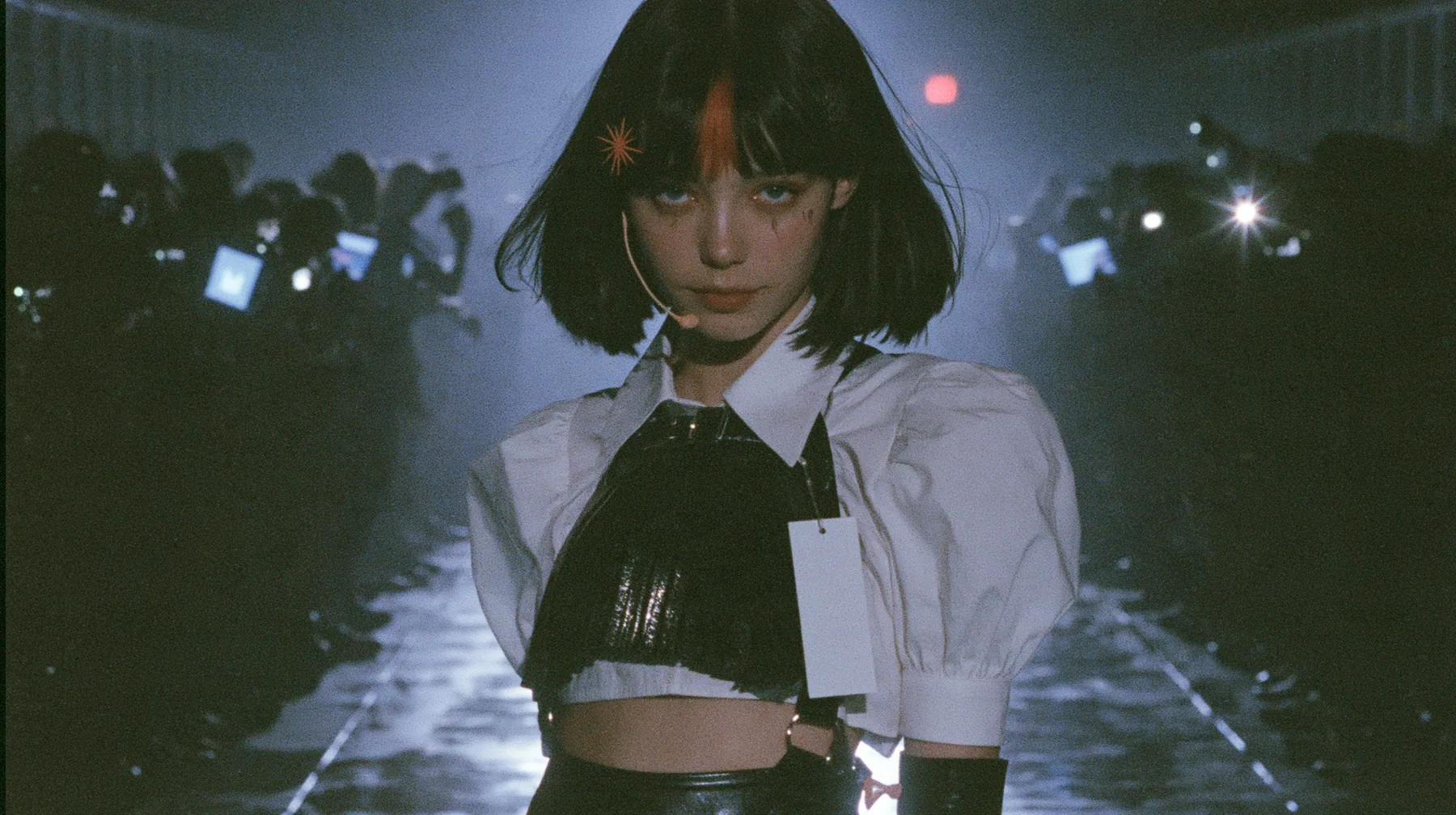 medium shot of a young woman with a glossy black blunt bob with heavy bangs and one clay-orange streak through the bangs, a clay-orange eight-pointed spark hair clip, a thin headset microphone, a white cropped…