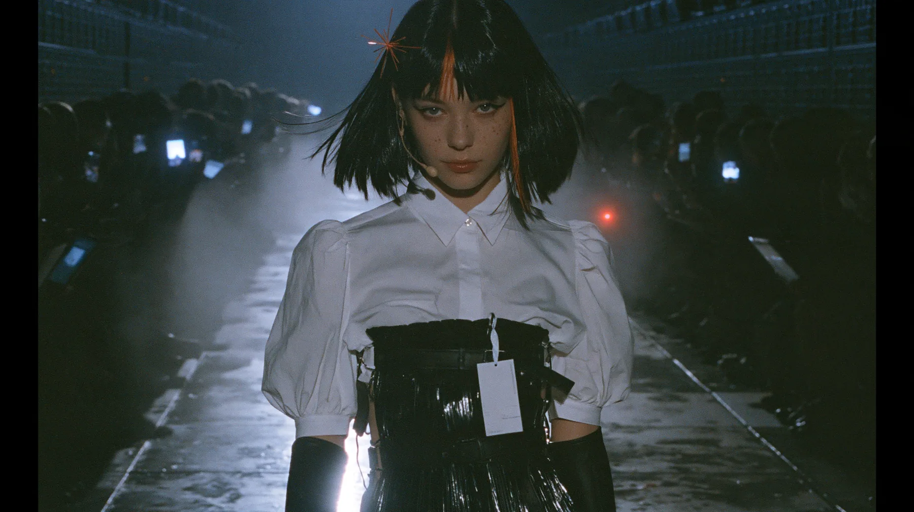 medium shot of a young woman with a glossy black blunt bob with heavy bangs and one clay-orange streak through the bangs, a clay-orange eight-pointed spark hair clip, a thin headset microphone, a white cropped…