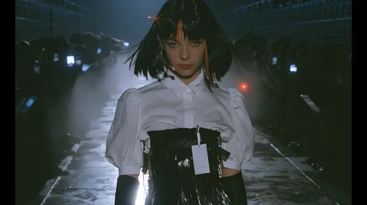 medium shot of a young woman with a glossy black blunt bob with heavy bangs and one clay-orange streak through the bangs, a clay-orange eight-pointed spark hair clip, a thin headset microphone, a white cropped…