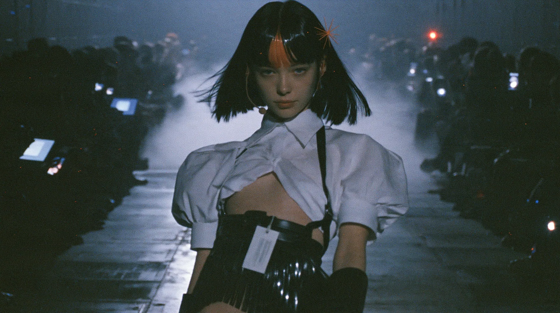 medium shot of a young woman with a glossy black blunt bob with heavy bangs and one clay-orange streak through the bangs, a clay-orange eight-pointed spark hair clip, a thin headset microphone, a white cropped…