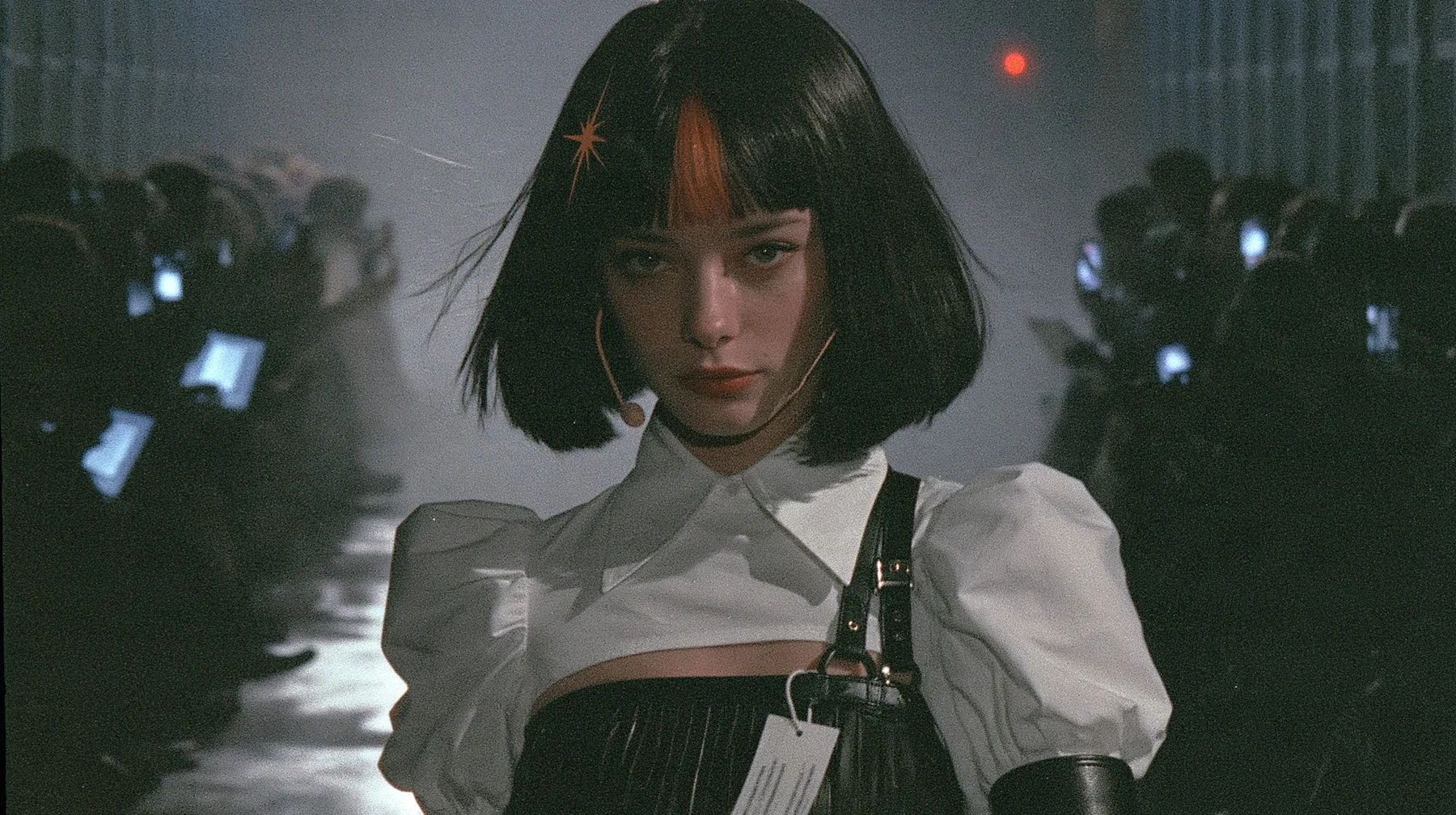 medium shot of a young woman with a glossy black blunt bob with heavy bangs and one clay-orange streak through the bangs, a clay-orange eight-pointed spark hair clip, a thin headset microphone, a white cropped…
