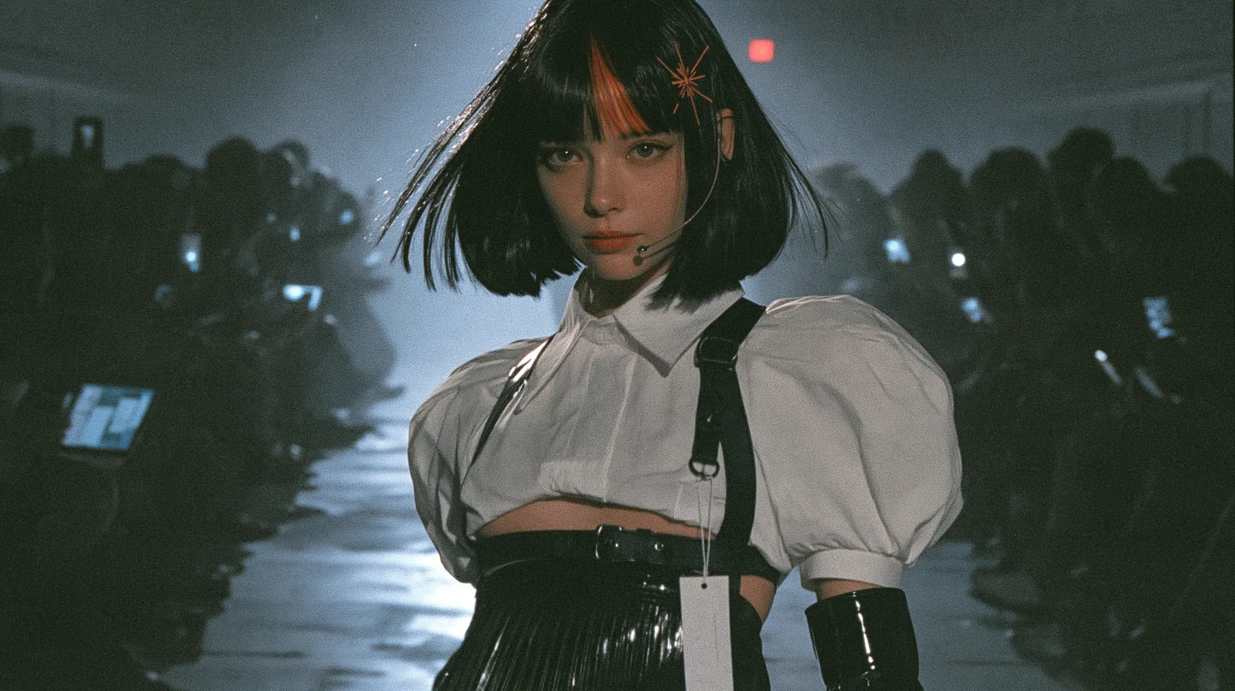 medium shot of a young woman with a glossy black blunt bob with heavy bangs and one clay-orange streak through the bangs, a clay-orange eight-pointed spark hair clip, a thin headset microphone, a white cropped…