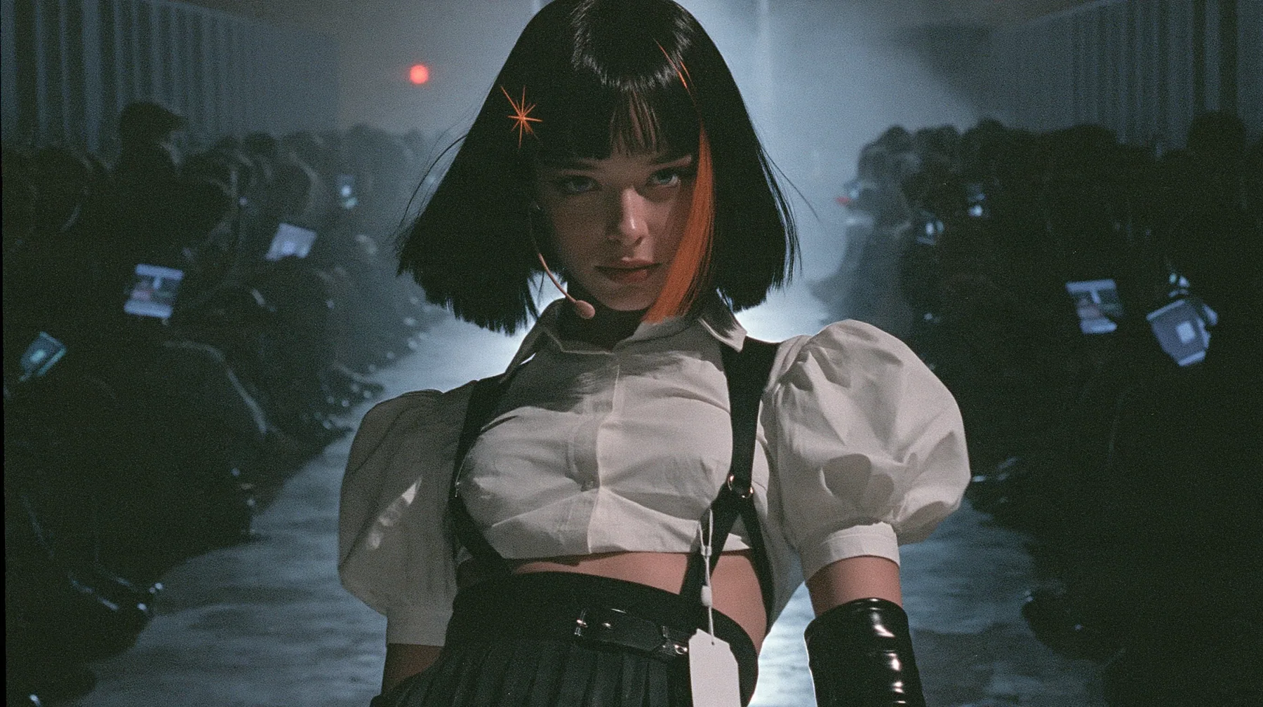 medium shot of a young woman with a glossy black blunt bob with heavy bangs and one clay-orange streak through the bangs, a clay-orange eight-pointed spark hair clip, a thin headset microphone, a white cropped…