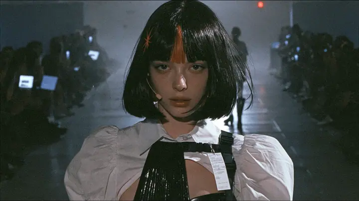 medium shot of a young woman with a glossy black blunt bob with heavy bangs and one clay-orange streak through the bangs, a clay-orange eight-pointed spark hair clip, a thin headset microphone, a white cropped…