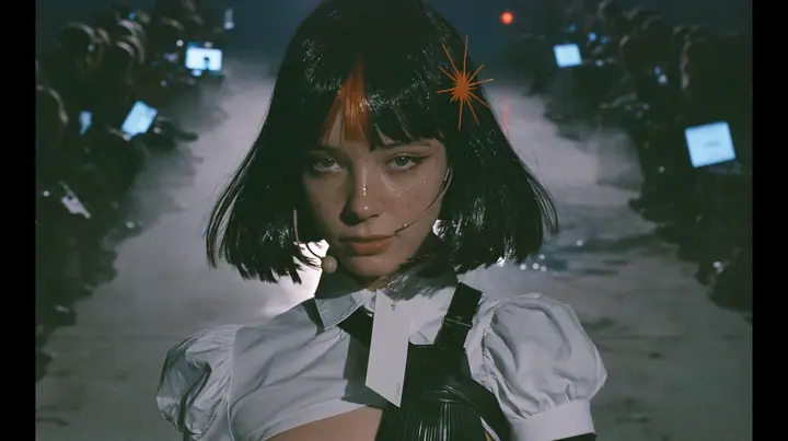 medium shot of a young woman with a glossy black blunt bob with heavy bangs and one clay-orange streak through the bangs, a clay-orange eight-pointed spark hair clip, a thin headset microphone, a white cropped…