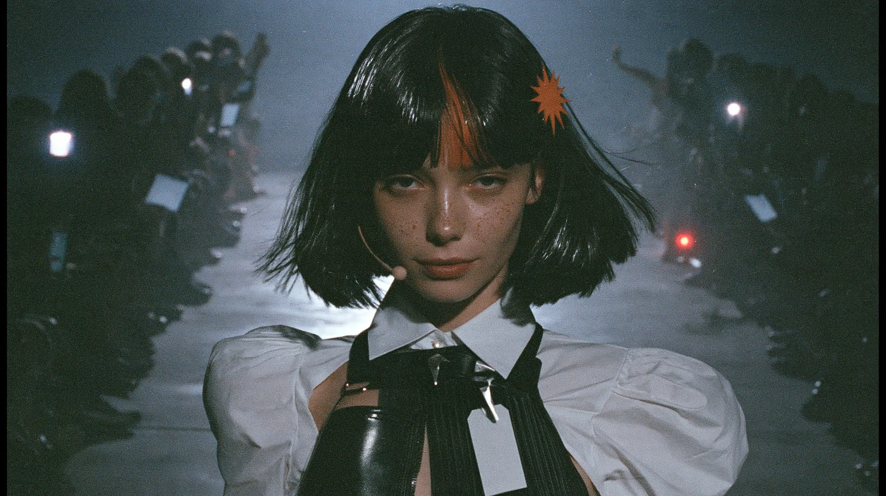 medium shot of a young woman with a glossy black blunt bob with heavy bangs and one clay-orange streak through the bangs, a clay-orange eight-pointed spark hair clip, a thin headset microphone, a white cropped…