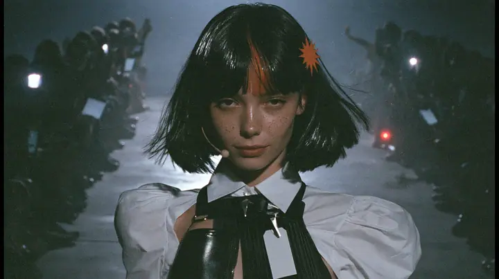 medium shot of a young woman with a glossy black blunt bob with heavy bangs and one clay-orange streak through the bangs, a clay-orange eight-pointed spark hair clip, a thin headset microphone, a white cropped…