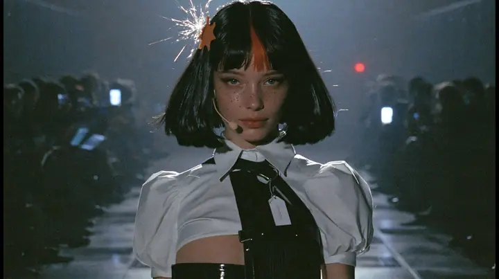medium shot of a young woman with a glossy black blunt bob with heavy bangs and one clay-orange streak through the bangs, a clay-orange eight-pointed spark hair clip, a thin headset microphone, a white cropped…