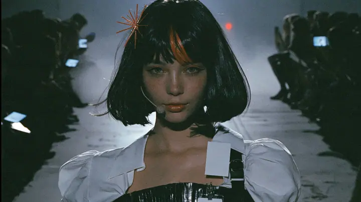 medium shot of a young woman with a glossy black blunt bob with heavy bangs and one clay-orange streak through the bangs, a clay-orange eight-pointed spark hair clip, a thin headset microphone, a white cropped…