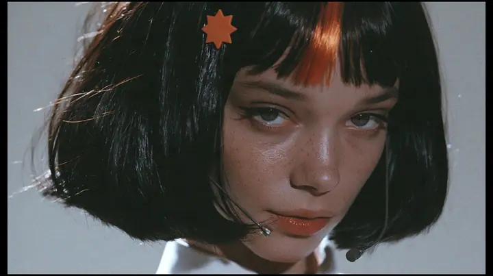 close-up portrait, head and shoulders, of a young woman with a glossy black blunt jaw-length bob with heavy bangs and one clay-orange streak through the bangs, a small flat clay-orange eight-pointed star hair clip, a…