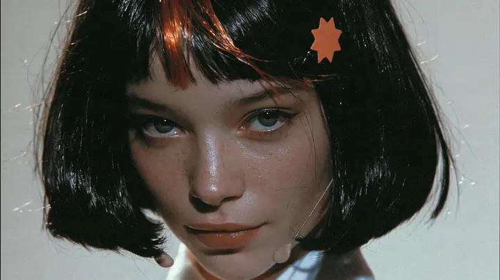 close-up portrait, head and shoulders, of a young woman with a glossy black blunt jaw-length bob with heavy bangs and one clay-orange streak through the bangs, a small flat clay-orange eight-pointed star hair clip, a…