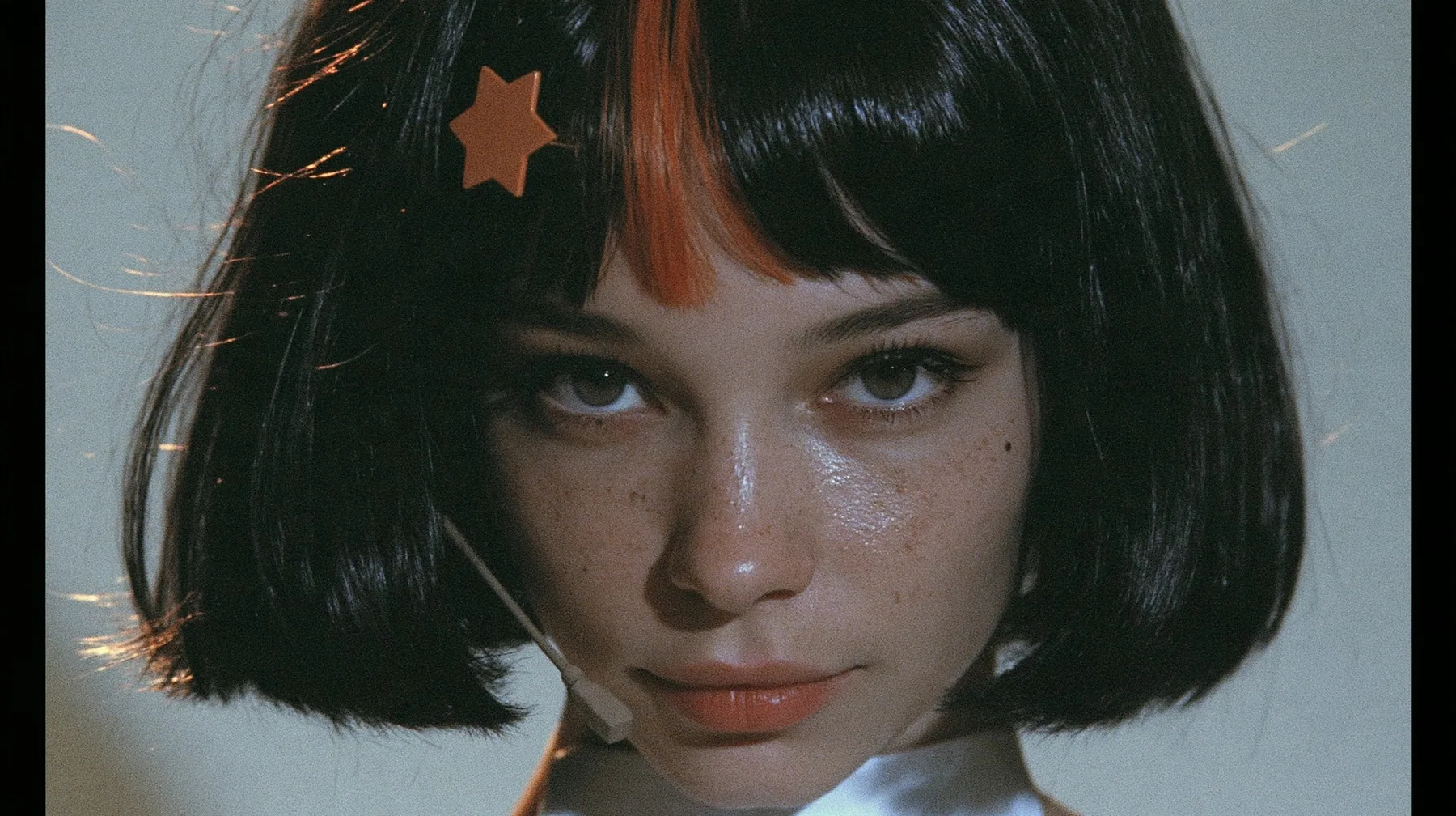 close-up portrait, head and shoulders, of a young woman with a glossy black blunt jaw-length bob with heavy bangs and one clay-orange streak through the bangs, a small flat clay-orange eight-pointed star hair clip, a…