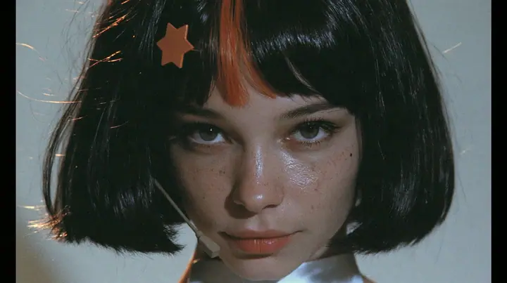 close-up portrait, head and shoulders, of a young woman with a glossy black blunt jaw-length bob with heavy bangs and one clay-orange streak through the bangs, a small flat clay-orange eight-pointed star hair clip, a…