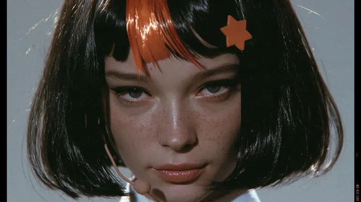 close-up portrait, head and shoulders, of a young woman with a glossy black blunt jaw-length bob with heavy bangs and one clay-orange streak through the bangs, a small flat clay-orange eight-pointed star hair clip, a…