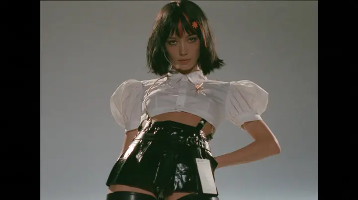 full-length shot of a young woman with a glossy black blunt jaw-length bob with heavy bangs and one clay-orange streak through the bangs, a small flat clay-orange eight-pointed star hair clip, a thin headset…