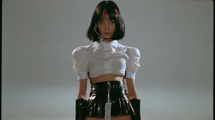 full-length shot of a young woman with a glossy black blunt jaw-length bob with heavy bangs and one clay-orange streak through the bangs, a small flat clay-orange eight-pointed star hair clip, a thin headset…