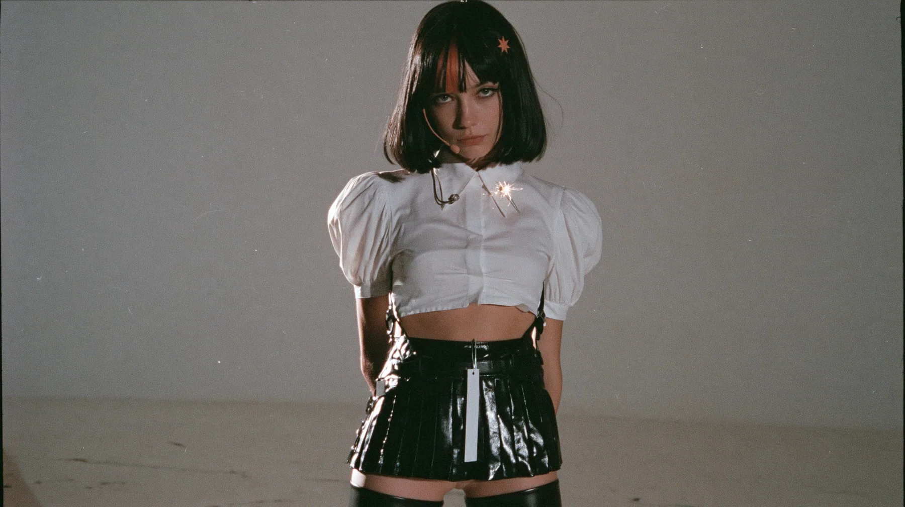 full-length shot of a young woman with a glossy black blunt jaw-length bob with heavy bangs and one clay-orange streak through the bangs, a small flat clay-orange eight-pointed star hair clip, a thin headset…