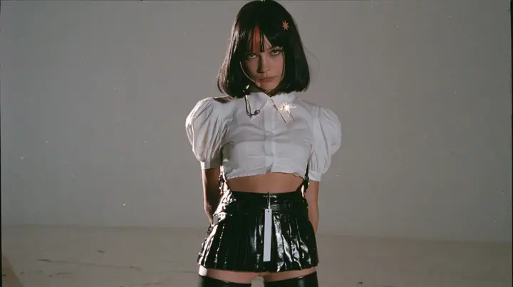 full-length shot of a young woman with a glossy black blunt jaw-length bob with heavy bangs and one clay-orange streak through the bangs, a small flat clay-orange eight-pointed star hair clip, a thin headset…
