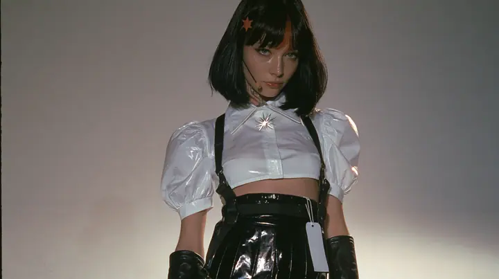 full-length shot of a young woman with a glossy black blunt jaw-length bob with heavy bangs and one clay-orange streak through the bangs, a small flat clay-orange eight-pointed star hair clip, a thin headset…