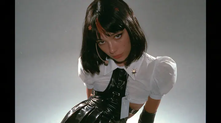 medium shot from the waist up of a young woman with a glossy black blunt jaw-length bob with heavy bangs and one clay-orange streak through the bangs, a small flat clay-orange eight-pointed star hair clip, a thin…