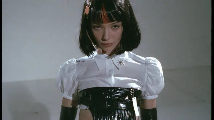 medium shot from the waist up of a young woman with a glossy black blunt jaw-length bob with heavy bangs and one clay-orange streak through the bangs, a small flat clay-orange eight-pointed star hair clip, a thin…
