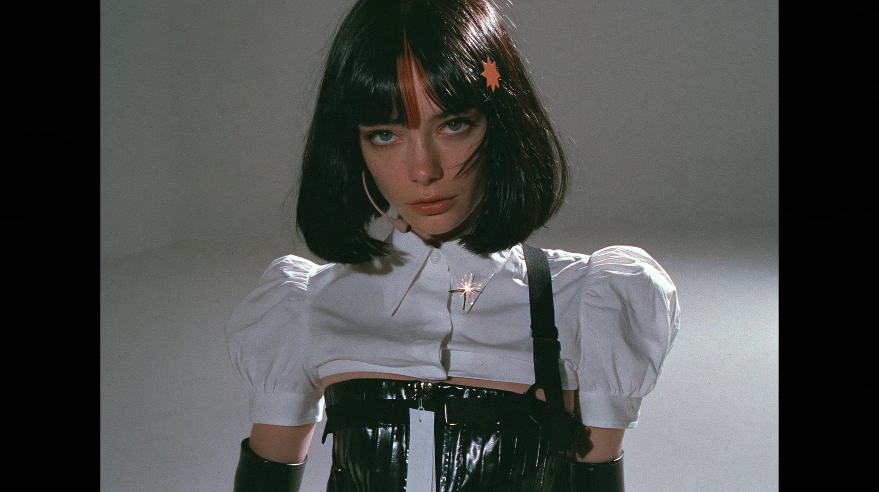 medium shot from the waist up of a young woman with a glossy black blunt jaw-length bob with heavy bangs and one clay-orange streak through the bangs, a small flat clay-orange eight-pointed star hair clip, a thin…