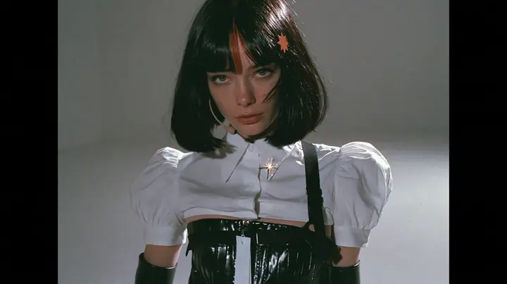 medium shot from the waist up of a young woman with a glossy black blunt jaw-length bob with heavy bangs and one clay-orange streak through the bangs, a small flat clay-orange eight-pointed star hair clip, a thin…
