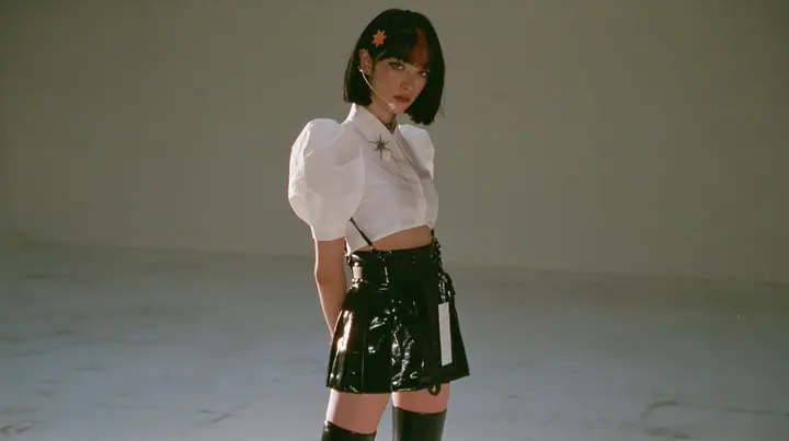 wide shot: a young woman with a glossy black blunt jaw-length bob with heavy bangs and one clay-orange streak through the bangs, a small flat clay-orange eight-pointed star hair clip, a thin headset microphone, a…