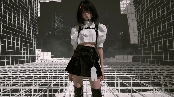 a white wireframe grid test arena floor and walls peeling away like paper to reveal a dark foggy city behind, a young Caucasian American woman with pale skin and light freckles, a glossy black blunt jaw-length bob…